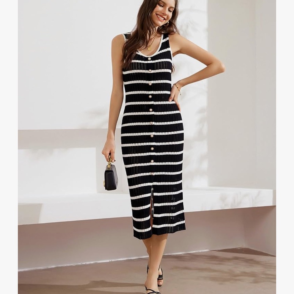 Striped Sleeveless Knitted Midi Bodycon Dresses Tank Ribbed Sweater Beach Dress